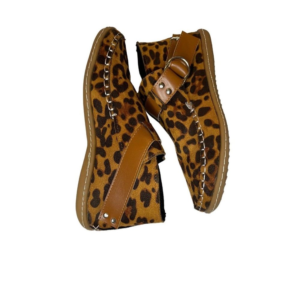 Womens Brown Leopard Buckle Moccasin 7.5 Boot‎ Flat Heel Boutique - Picture 2 of 5